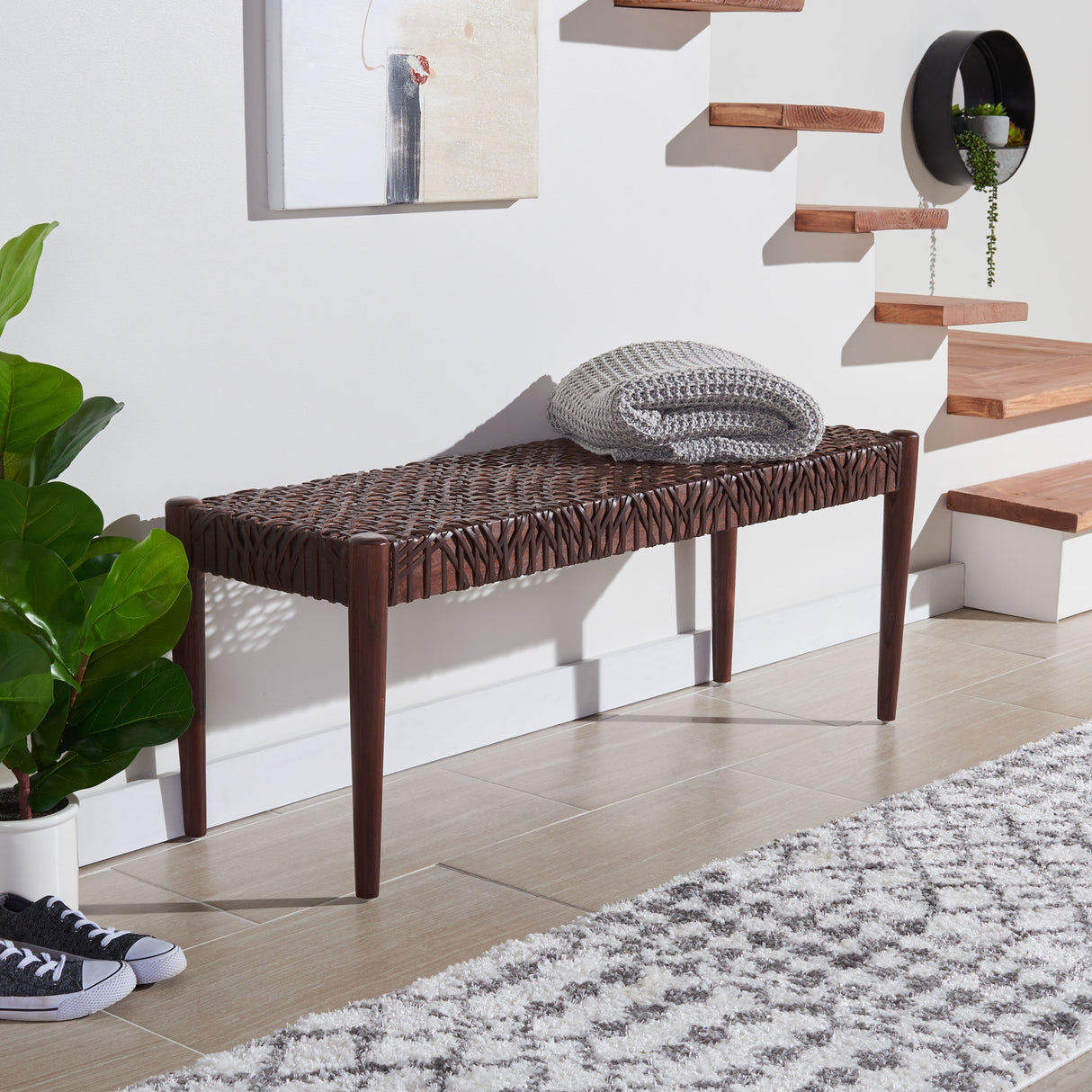SAFAVIEH Mahalia Bandelier Wood & Leather Bench - 47" W x 16" D x 19" H - 47Wx16Dx19H