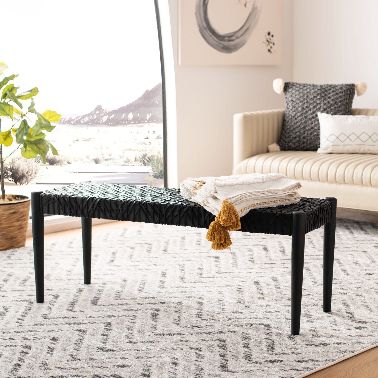 SAFAVIEH Mahalia Bandelier Wood & Leather Bench - 47" W x 16" D x 19" H - 47Wx16Dx19H