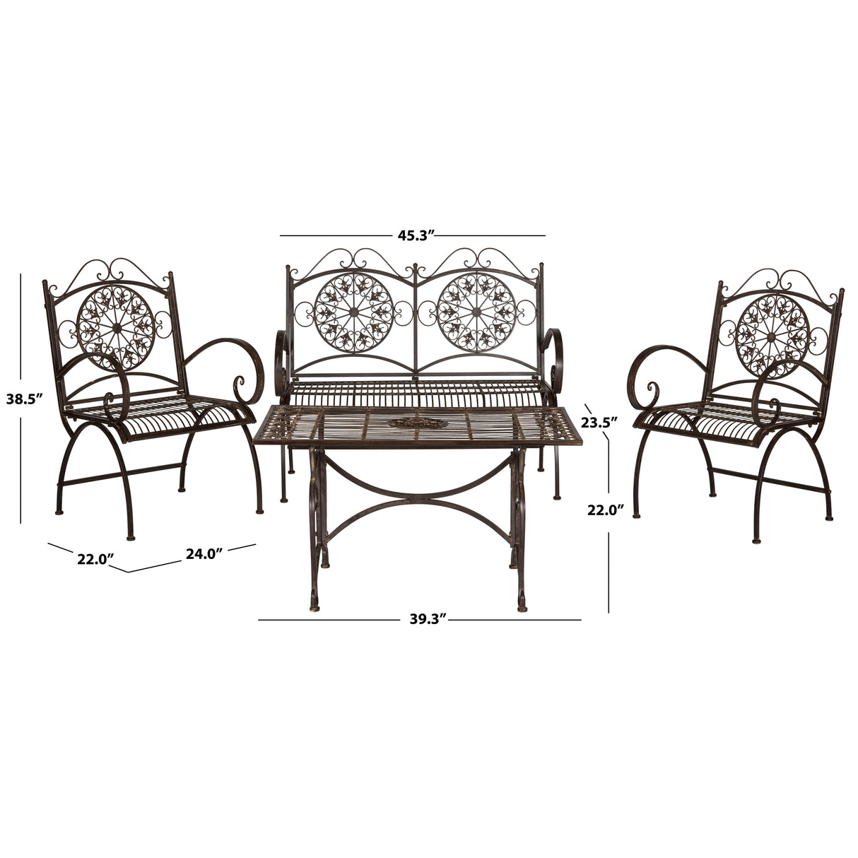 SAFAVIEH Outdoor Nyasia Victorian Scroll Iron 4-Piece Patio Set - 45W x 39D x 22H