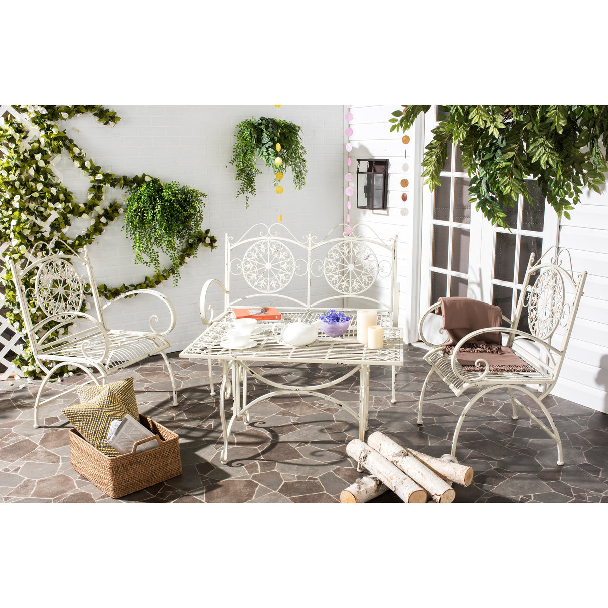 SAFAVIEH Outdoor Nyasia Victorian Scroll Iron 4-Piece Patio Set - 45W x 39D x 22H