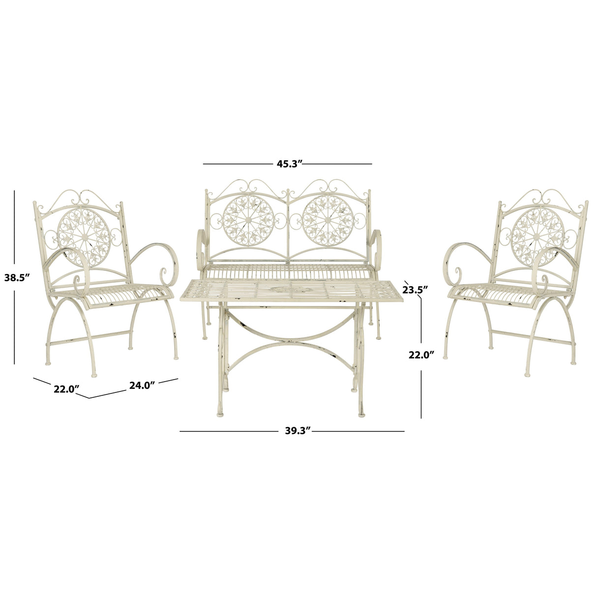 SAFAVIEH Outdoor Nyasia Victorian Scroll Iron 4-Piece Patio Set - 45W x 39D x 22H