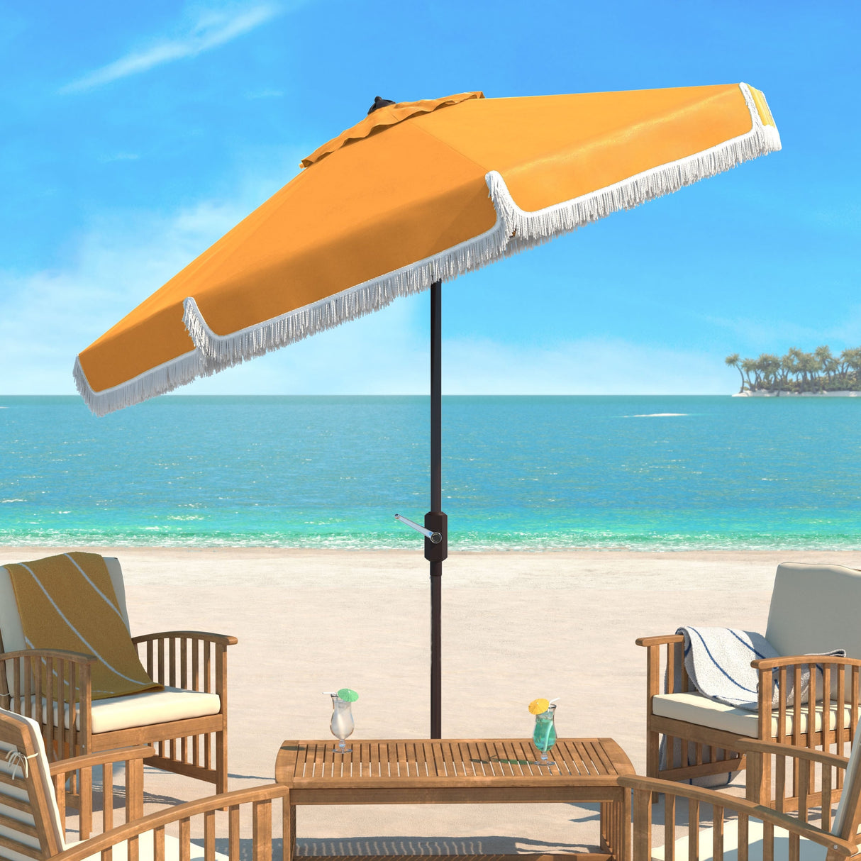 SAFAVIEH Ronette Fringe 9 Ft Crank Outdoor Umbrella