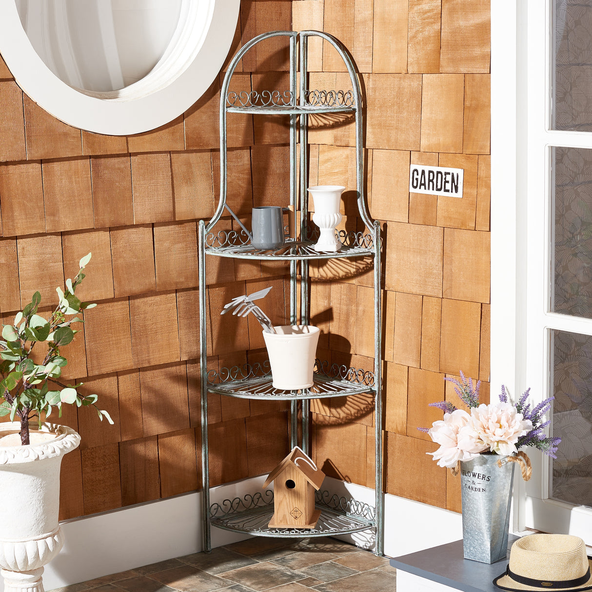 SAFAVIEH Shyla Victorian Wrought Iron 4-Tier Outdoor Corner Shelf - 14 In. W x 14 In. D x 60 In. H - 14Wx14Dx60H