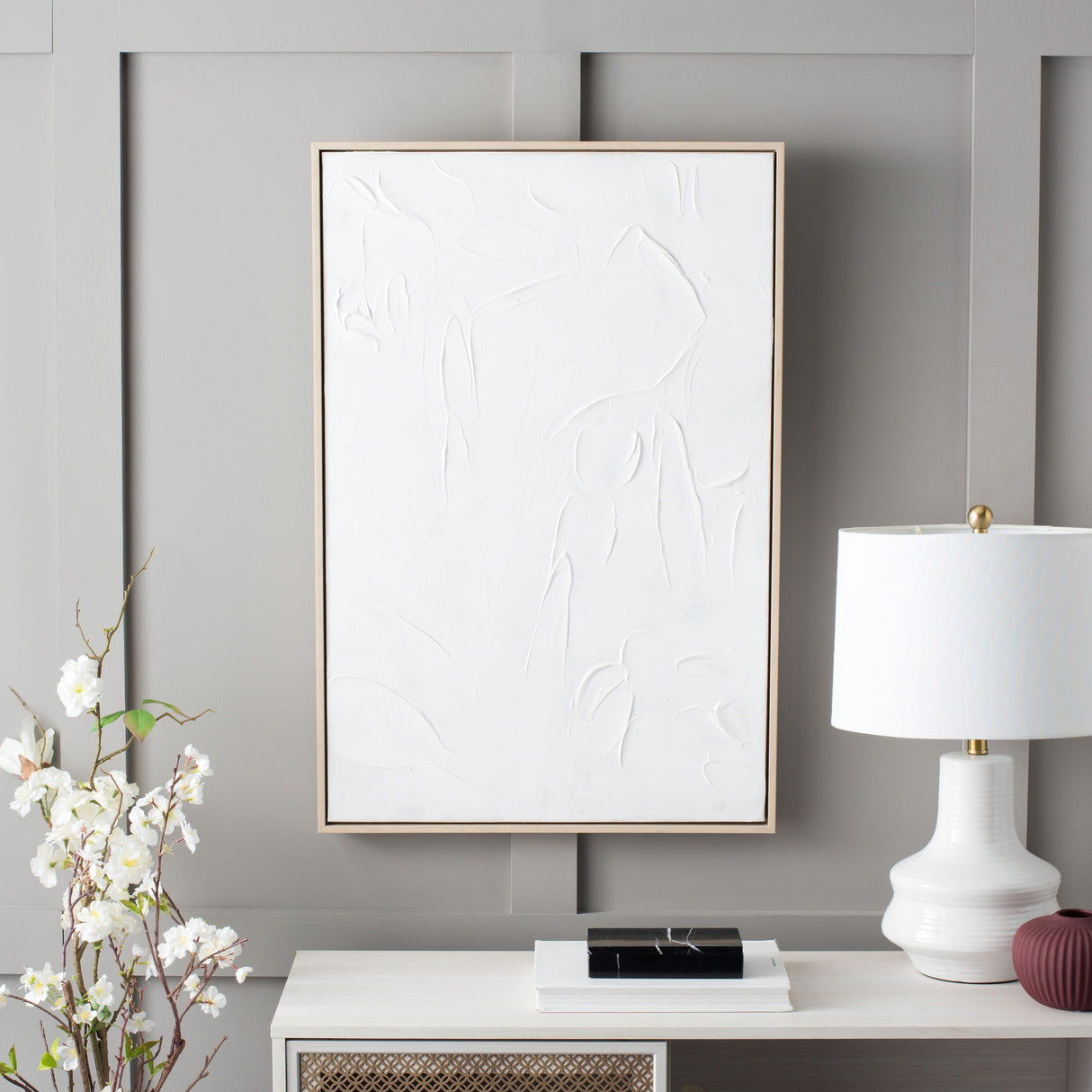 SAFAVIEH Tinca The Minimalist Hand Painting, 24 x 36, Framed Wall Art - White