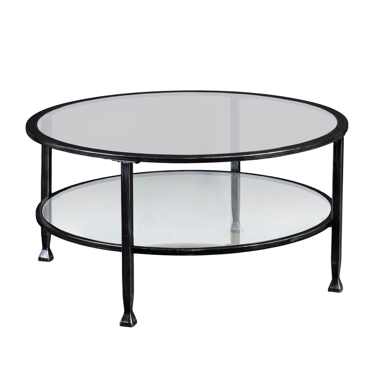 SEI Furniture Glenn Distressed Black Metal Round CoffeeTable with Glass Top and Shelf