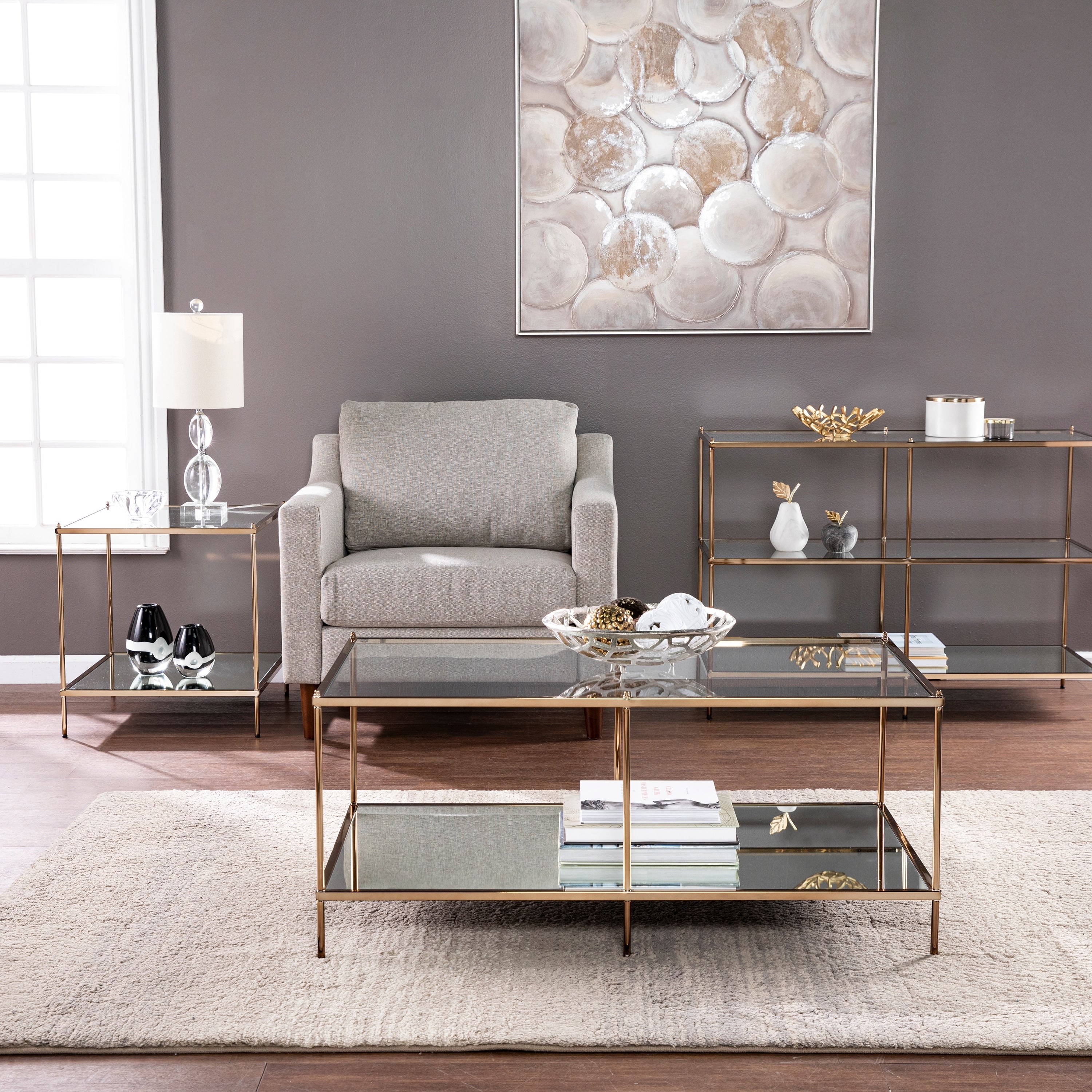 SEI Furniture Grant Goldtone Rectangular Coffee Table with Glass top and Bottom Shelf