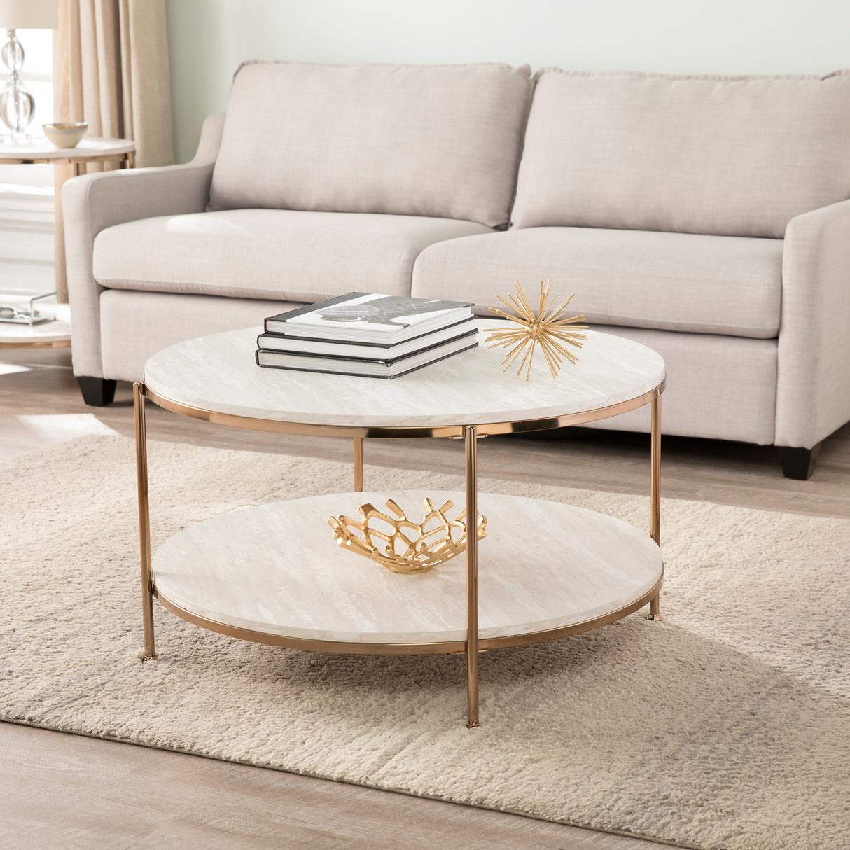 SEI Furniture Henderson Modern Faux Marble Round Coffee Table with Bottom Shelf