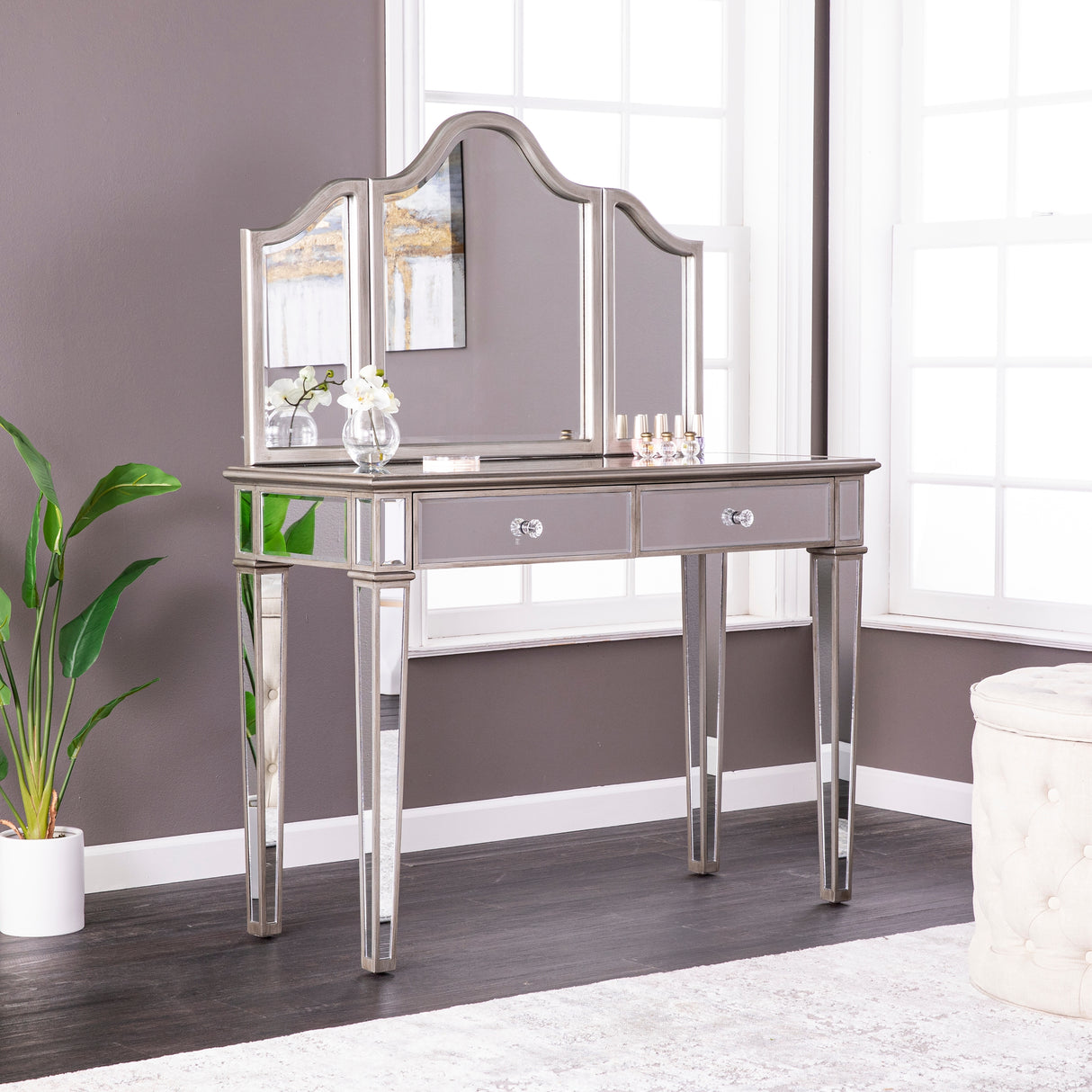 SEI Furniture Kalla Mirrored Vanity Set w/ Storage (Set of 2)