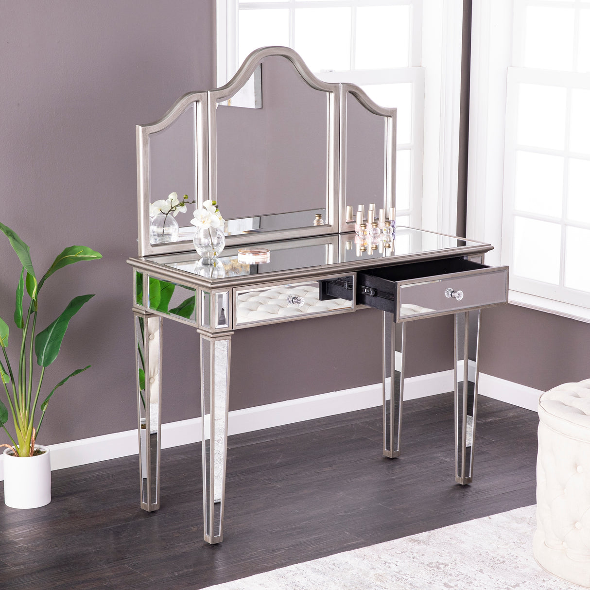 SEI Furniture Kalla Mirrored Vanity Set w/ Storage (Set of 2)