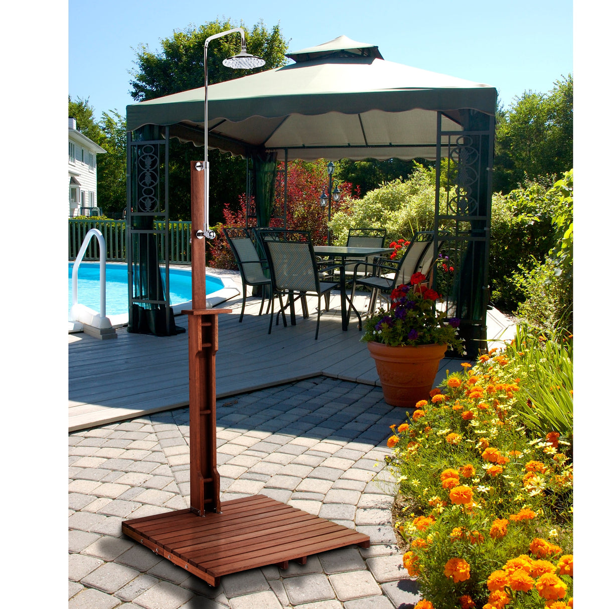 SEI Furniture Parson Oiled Eucalyptus Freestanding Outdoor Shower with Slatted Wood Base and Soap Dish