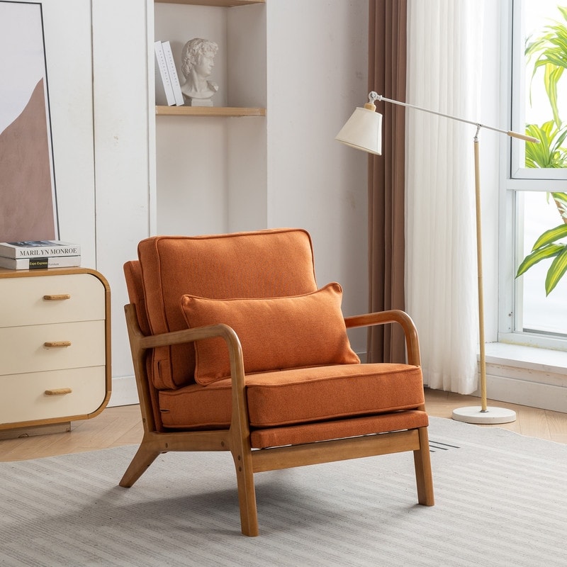 SEYNAR Mid Century Boucle Uplostered Soild Wood Accent Armchair with Pillow