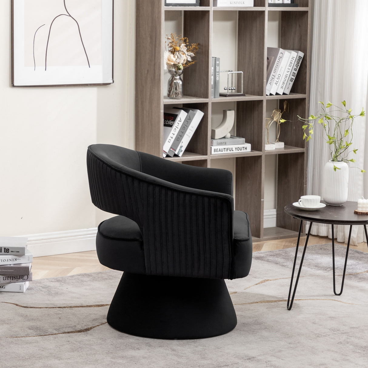 SEYNAR Modren Velvet Living Room Swivel Arm Barrel Chair with Tufted Back