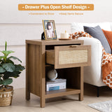 SICOTAS Farmhouse Rattan Nightstand with Drawer and Storage Shelf