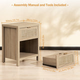SICOTAS Farmhouse Rattan Nightstand with Drawer and Storage Shelf