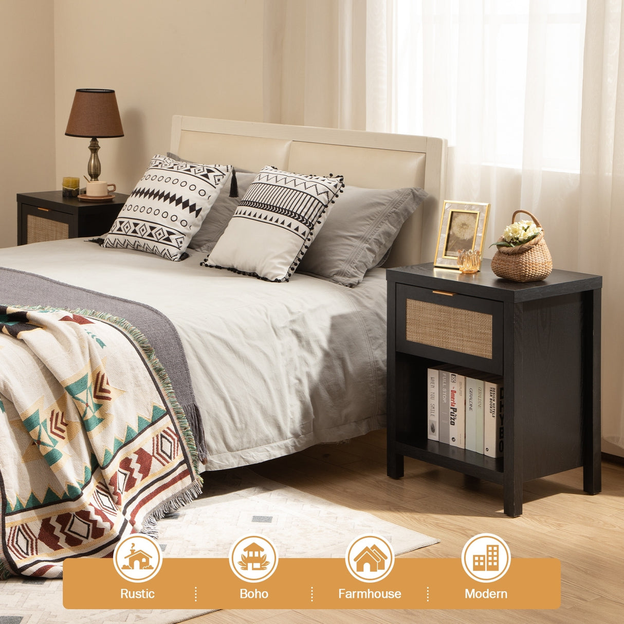 SICOTAS Farmhouse Rattan Nightstand with Drawer and Storage Shelf