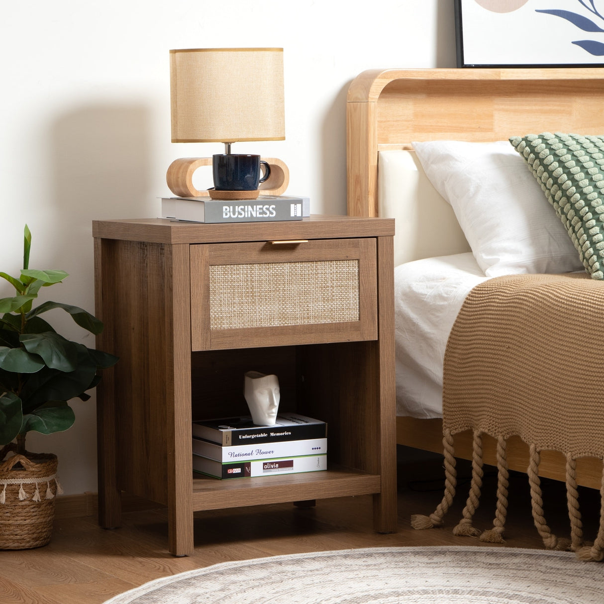 SICOTAS Farmhouse Rattan Nightstand with Drawer and Storage Shelf
