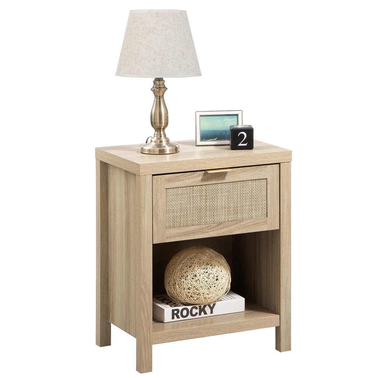 SICOTAS Farmhouse Rattan Nightstand with Drawer and Storage Shelf