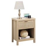 SICOTAS Farmhouse Rattan Nightstand with Drawer and Storage Shelf