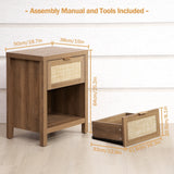 SICOTAS Farmhouse Rattan Nightstand with Drawer and Storage Shelf