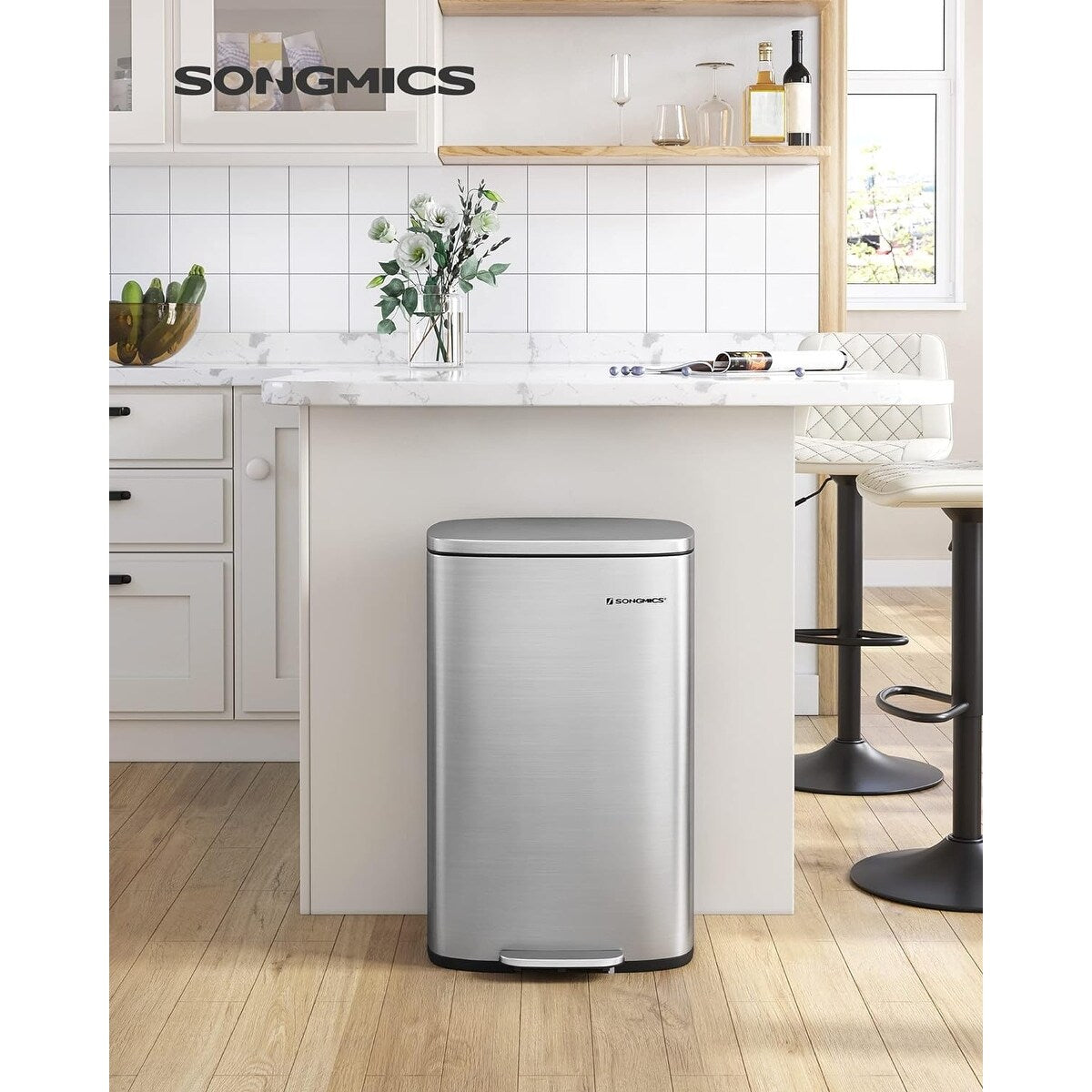 SONGMICS 13 Gallon Trash Can, Stainless Steel Garbage Can, Silver