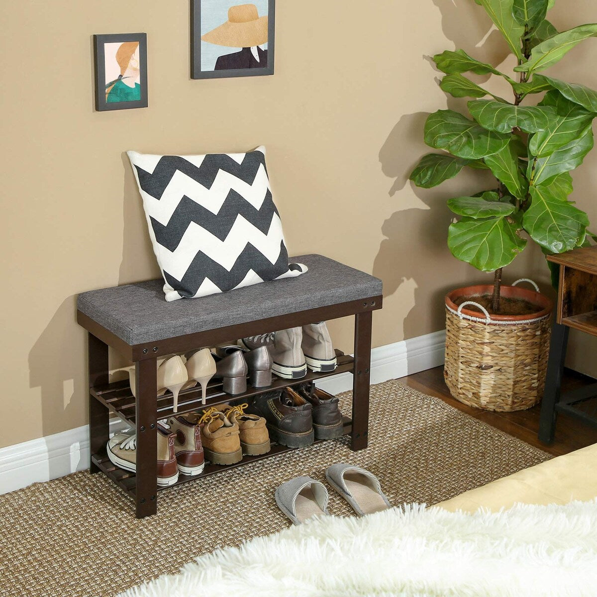 SONGMICS Bamboo Shoe Bench, 2-Tier Shoe Rack, Stable Shoe Organizer for Entryway, Living Room