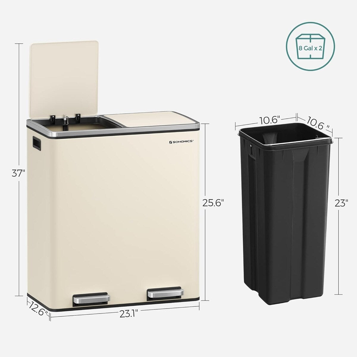SONGMICS Dual Trash Can, 16 Gallon Stainless Steel Garbage Can, Almond