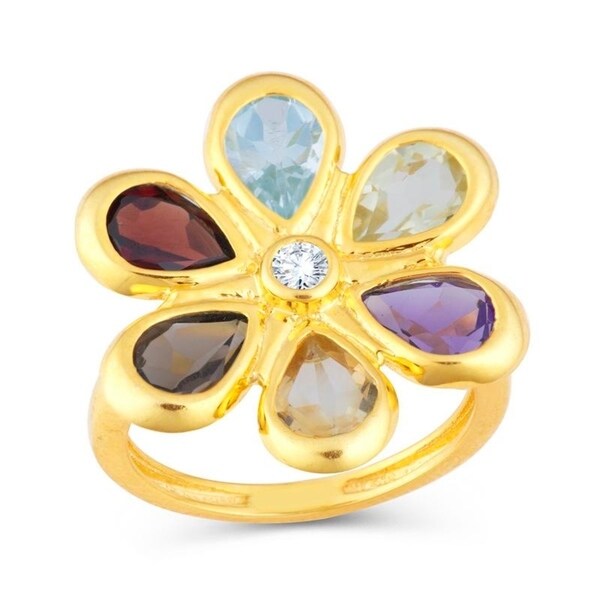 SS with Natural Multi Gemstone & White Topaz Flower Ring