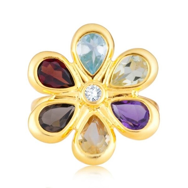 SS with Natural Multi Gemstone & White Topaz Flower Ring