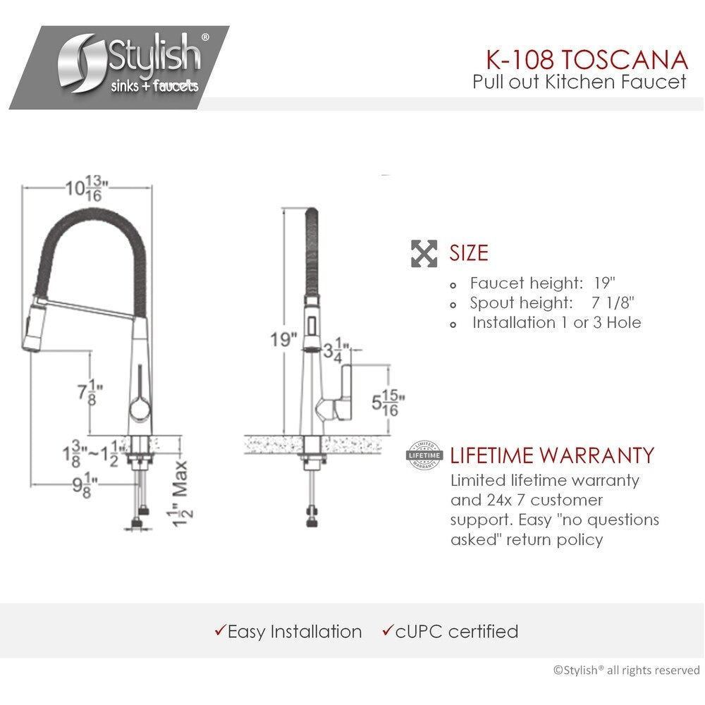 STYLISH Kitchen Faucet,One Handle,Brushed Nickel, Pull down, K108B - 19" x 7,12"