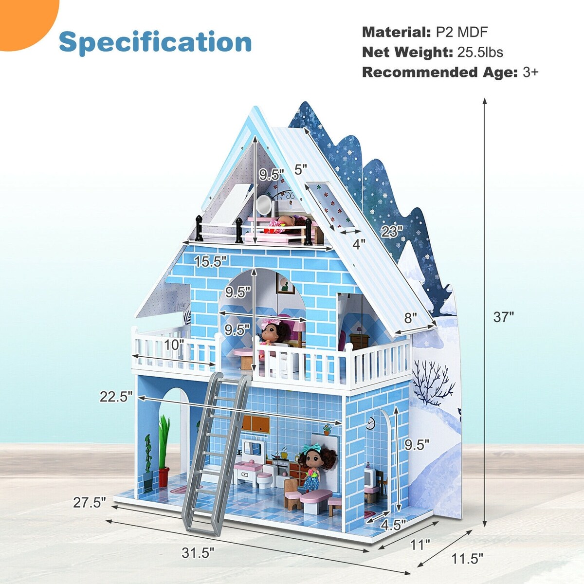 SUGIFT Wooden Dollhouse 3-Story Pretend Playset with Furniture and Doll Gift for Age 3+ Year