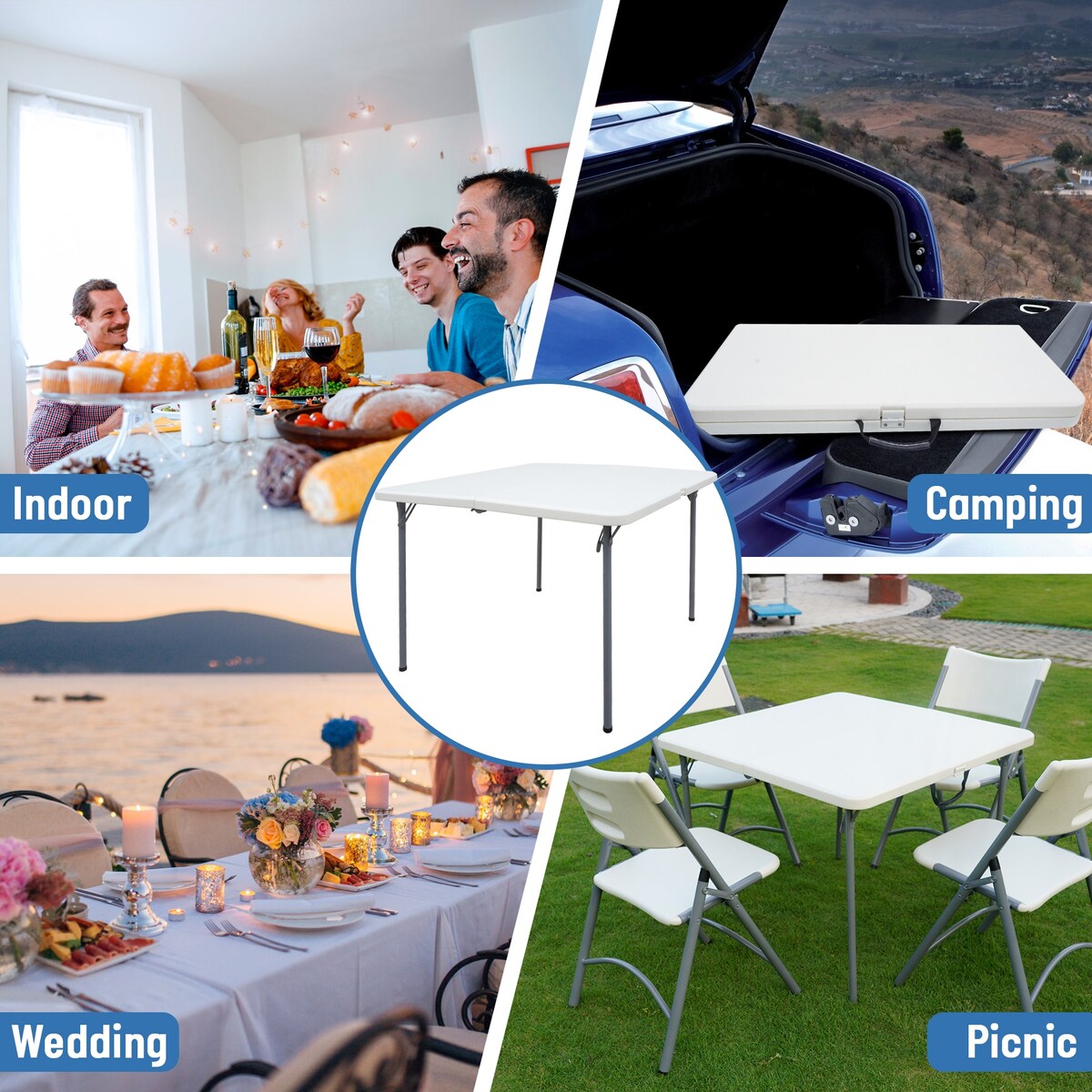 SUMKEA 3ft Square Banquet Folding Table for Indoor and Outdoor, White