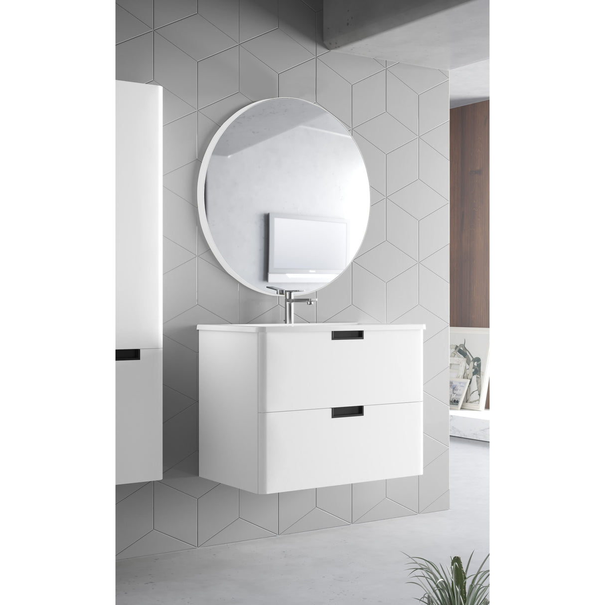 SUNBOW White Flat Round Wall Mirror- 24 Inches