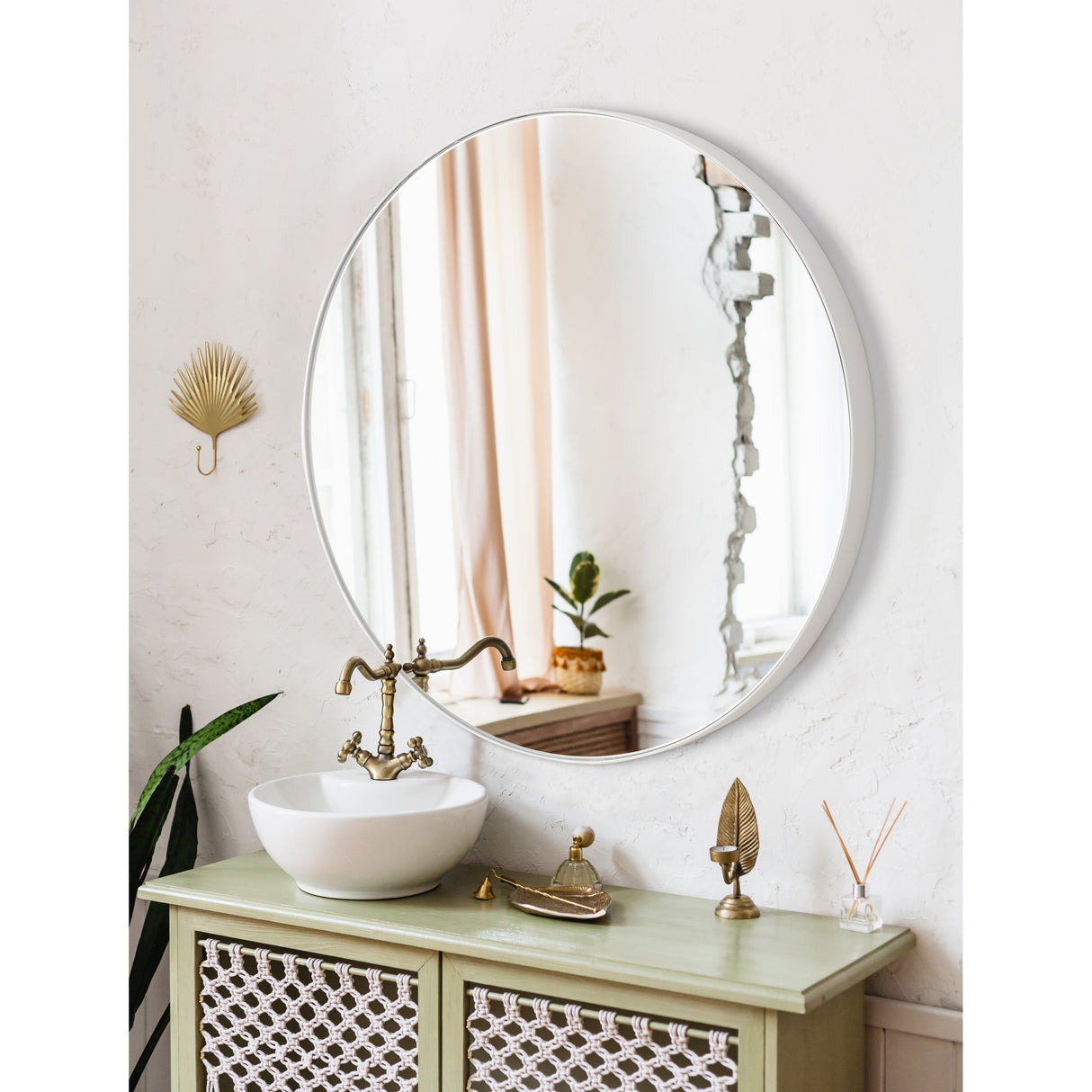 SUNBOW White Flat Round Wall Mirror- 24 Inches