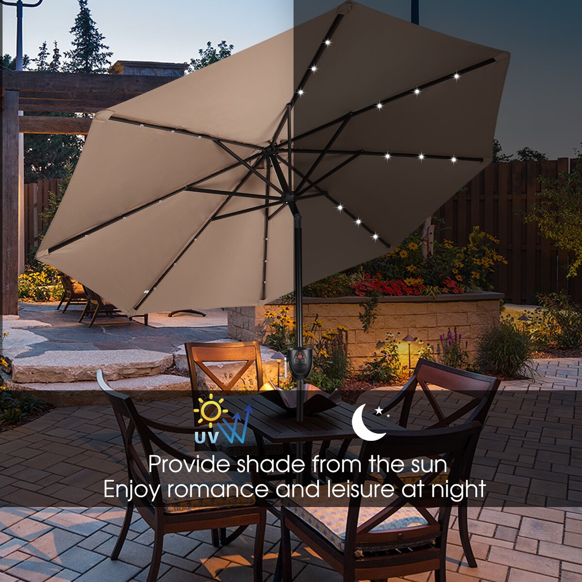 SUNBRANO 9ft Patio Umbrella with Bluetooth Speaker and Solar Lights