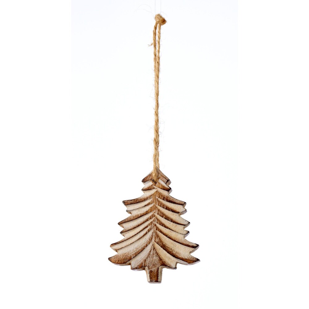 Sage & Co 4-inch Carved Wood Tree Christmas Ornament (Pack of 12)