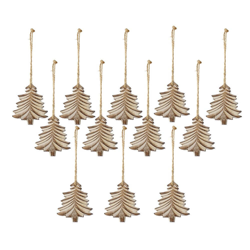 Sage & Co 4-inch Carved Wood Tree Christmas Ornament (Pack of 12)