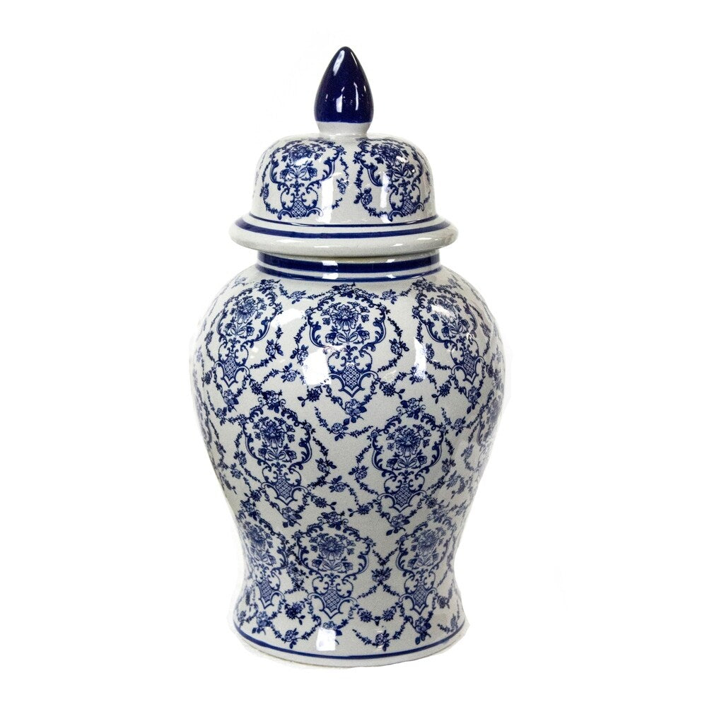 Sagebrook Home 11850 Ceramic Temple Jar, Blue/White Ceramic, 10 X 10 X 18.75 Inches