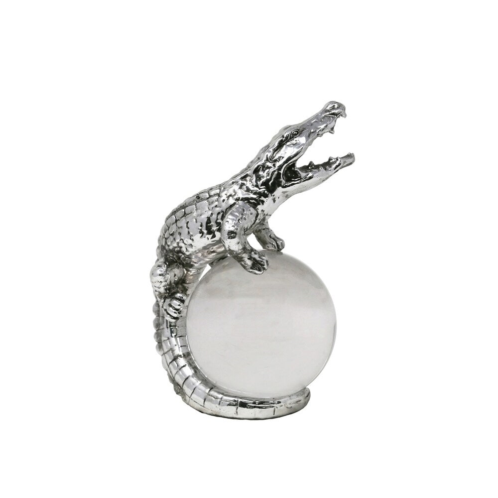 Sagebrook Home 13089-02 Polyresin Alligator On Glass Ball, Silver Polyresin, 5.5 x 4.5 x 8.75 Inches