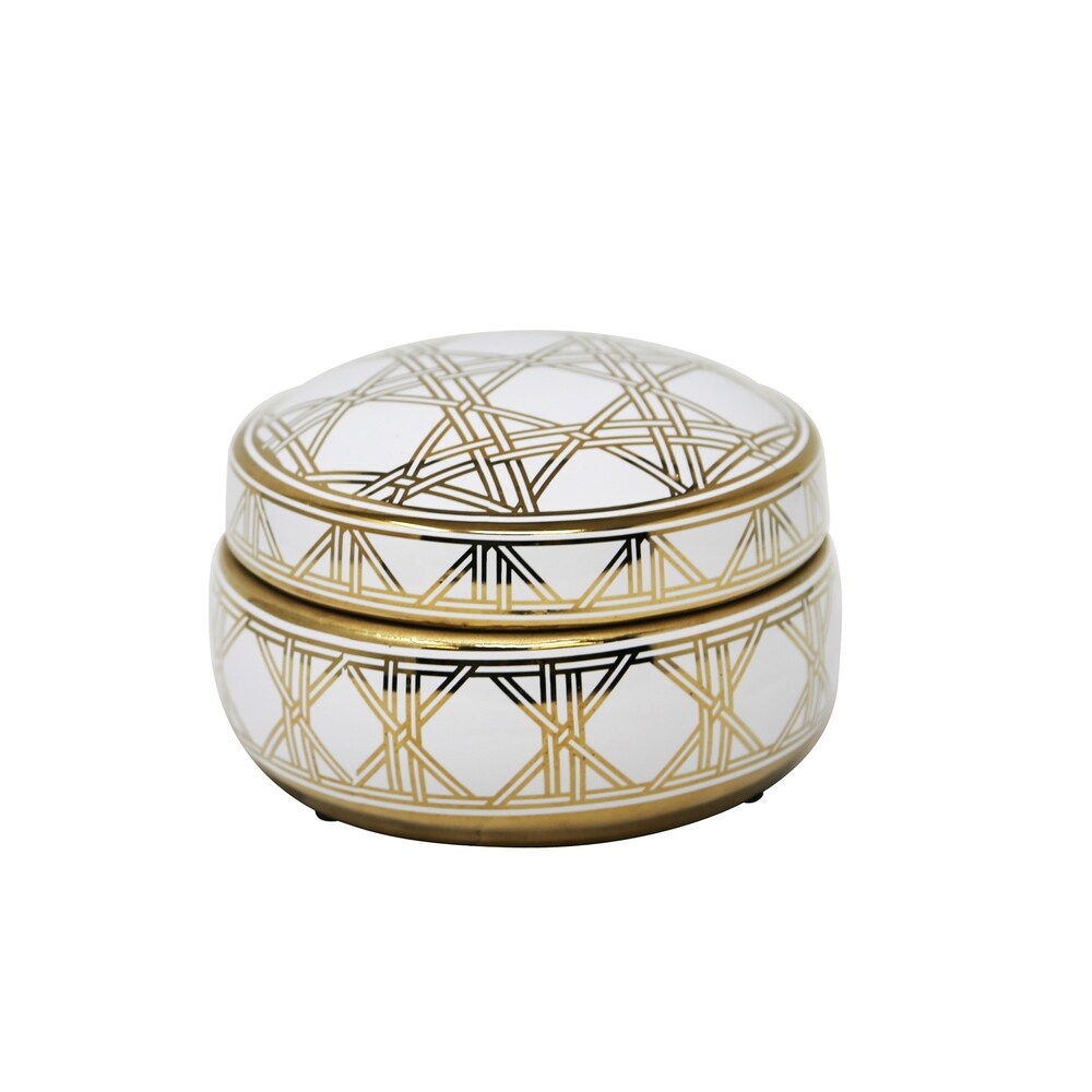 Sagebrook Home 13450-03 Ceramic Covered Square Design Jar, White/Gold Ceramic, 7 X 7 X 3.75 Inches