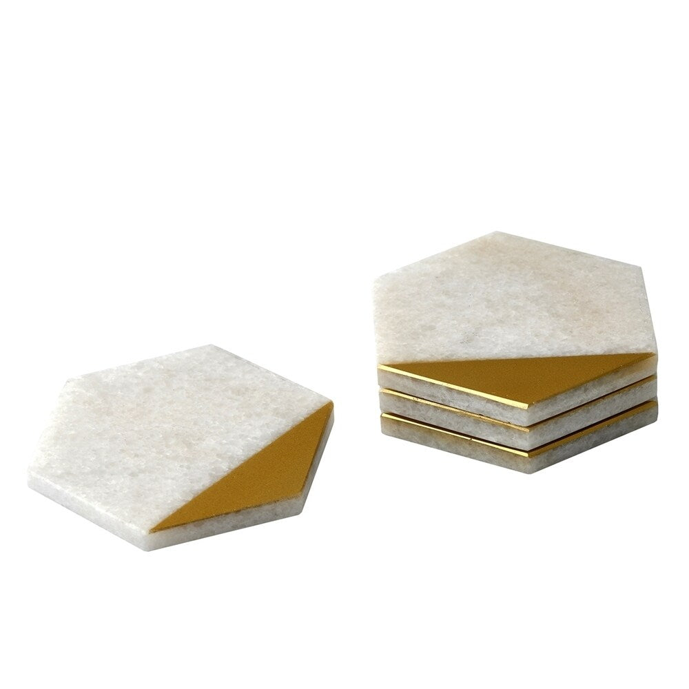 Sagebrook Home 13640-02 Decorative Hexagon Marble Coasters, White/Gold Marble, 4 x 4 x 0.5 Inches (Set of 4)