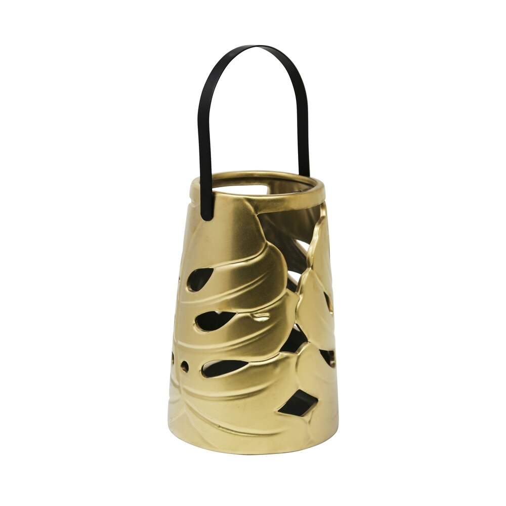 Sagebrook Home DECORATIVE CERAMIC LEAF LANTERN, MATTE GOLD