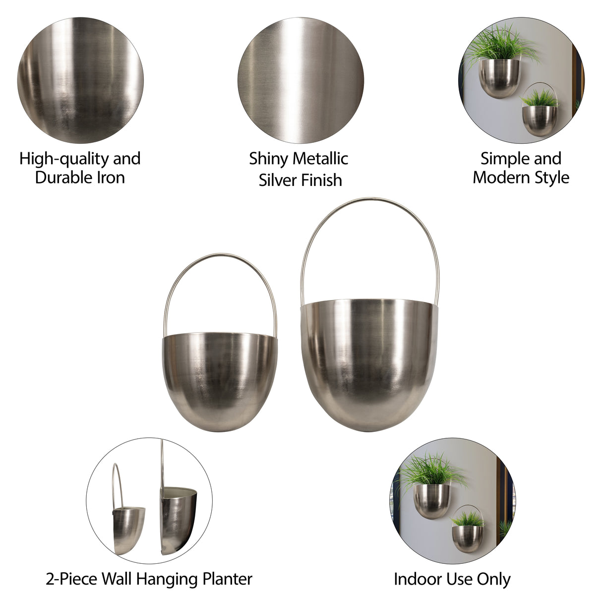 Sagebrook Home Modern 2-Piece Iron Hanging Wall Planters in Silver 15" and 19" Metal Plant Holder Decor - 12" x 5" x 19"
