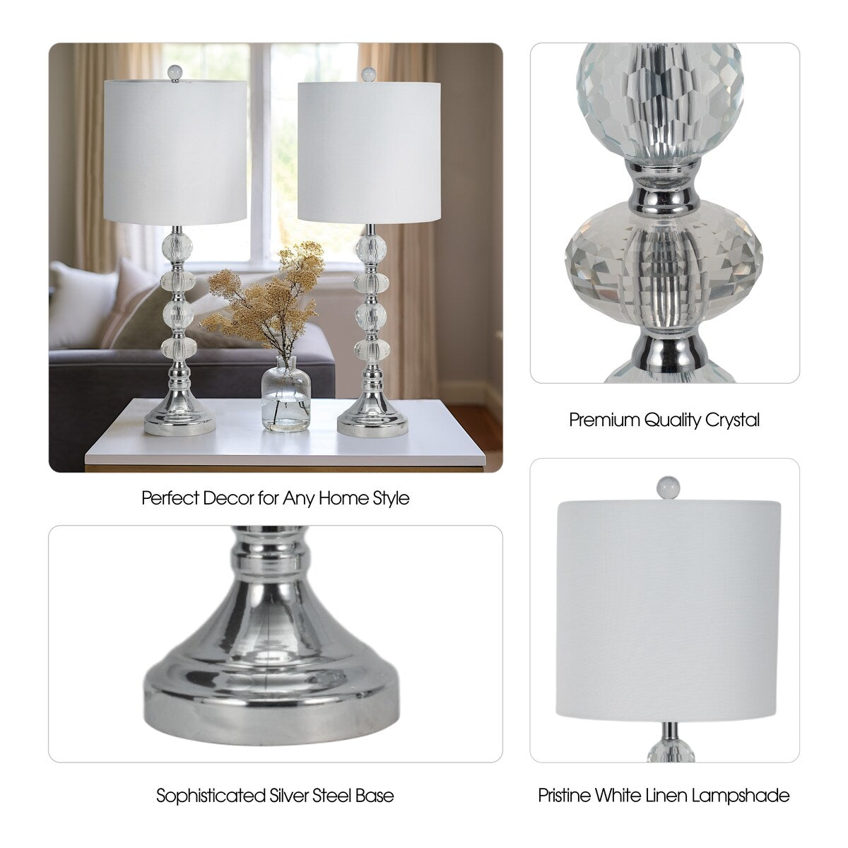 Sagebrook Home Modern Set Of 2 Crystal 28" Table Lamp, Silver, Pillar - 11" x 11" x 28"