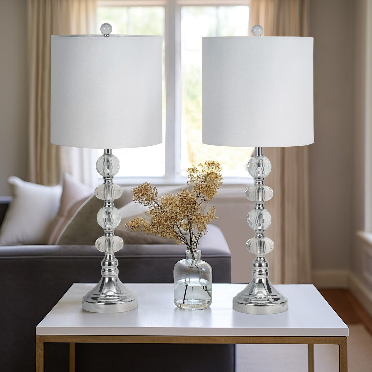 Sagebrook Home Modern Set Of 2 Crystal 28" Table Lamp, Silver, Pillar - 11" x 11" x 28"