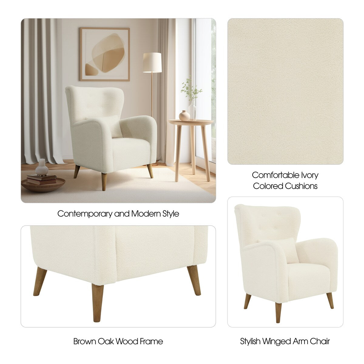 Sagebrook Home Neutral Modern Ivory Winged Back Arm Chair Contemporary Accent Chair - 32" x 35" x 42"