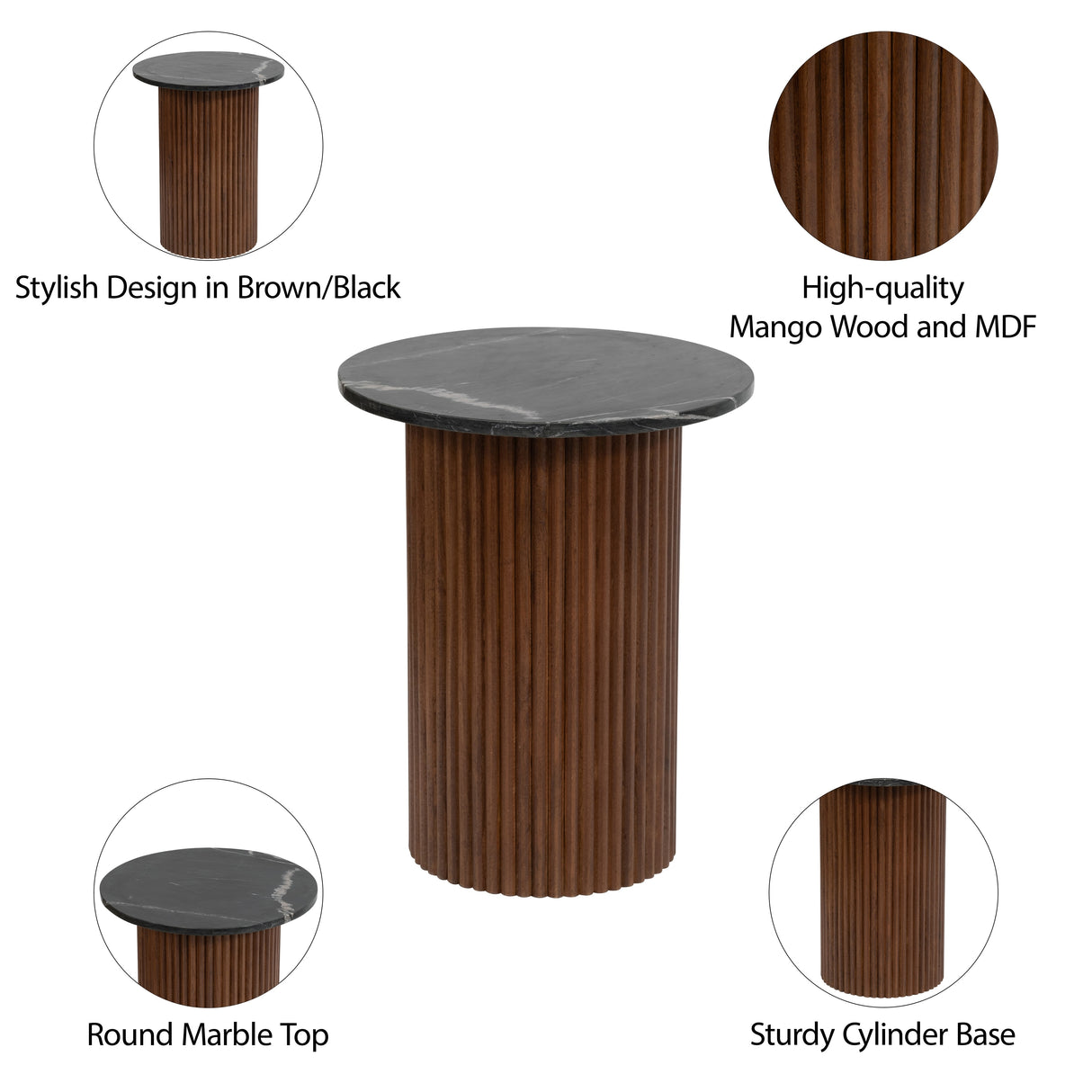 Sagebrook Home Round Wood Marble Reeded Accent Table or Coffee Table