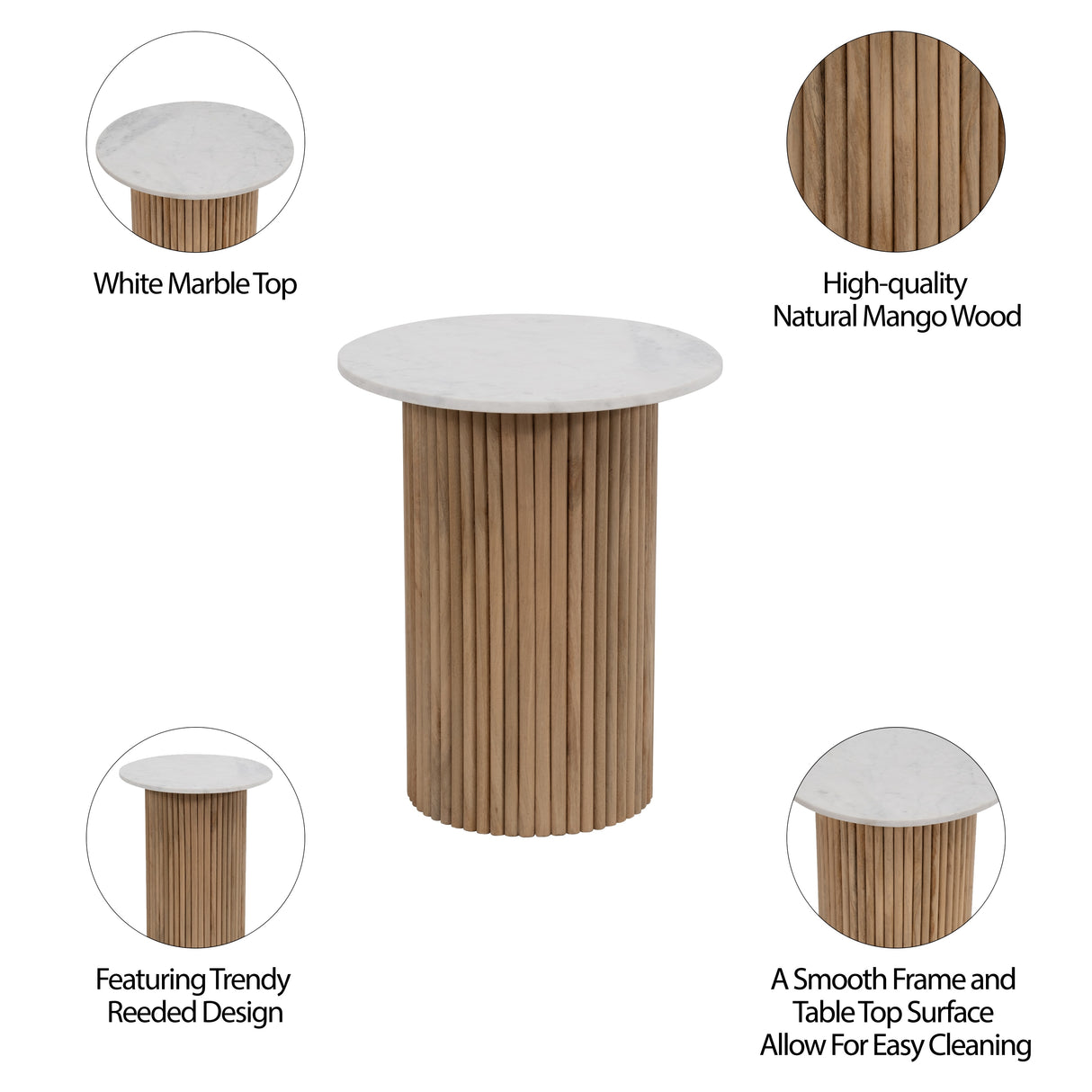 Sagebrook Home Round Wood Marble Reeded Accent Table or Coffee Table