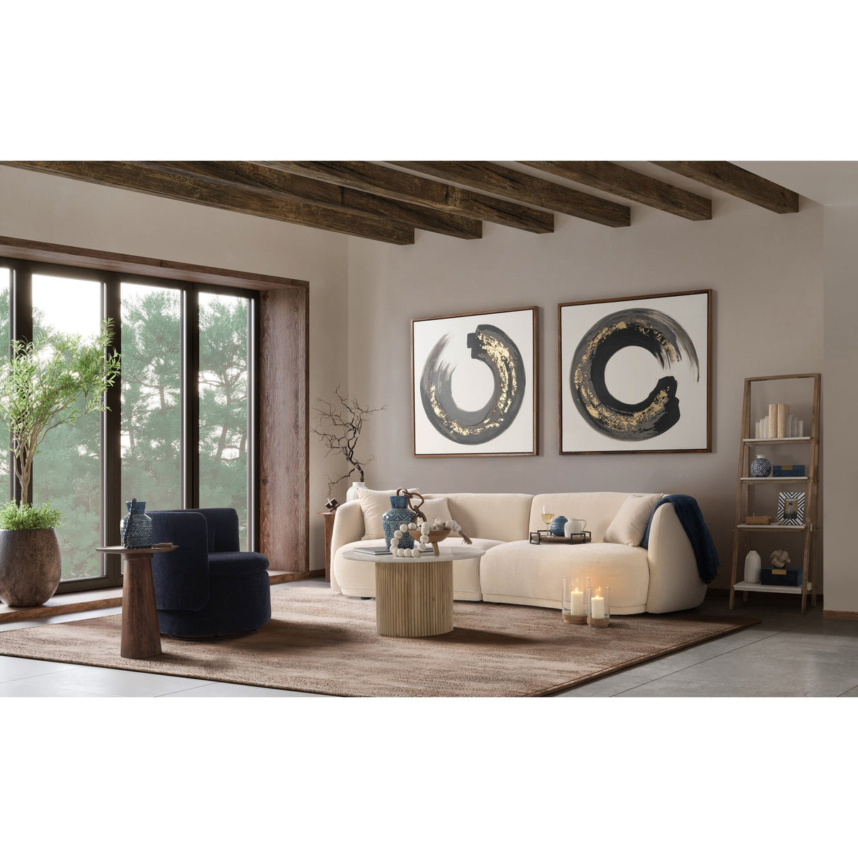 Sagebrook Home Round Wood Marble Reeded Accent Table or Coffee Table
