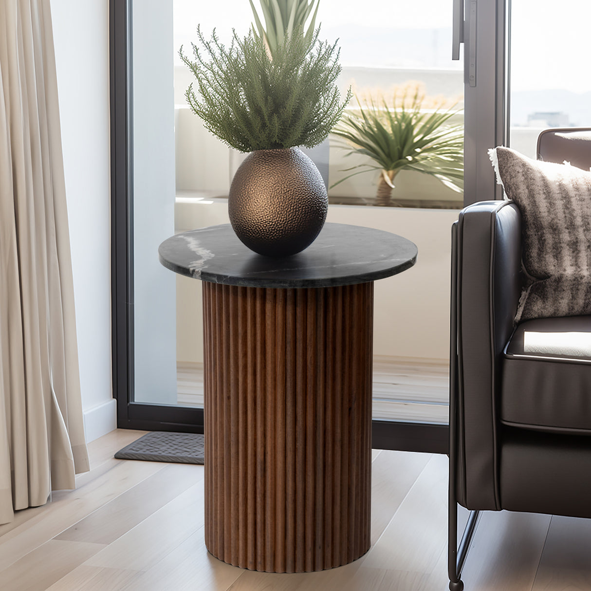 Sagebrook Home Round Wood Marble Reeded Accent Table or Coffee Table
