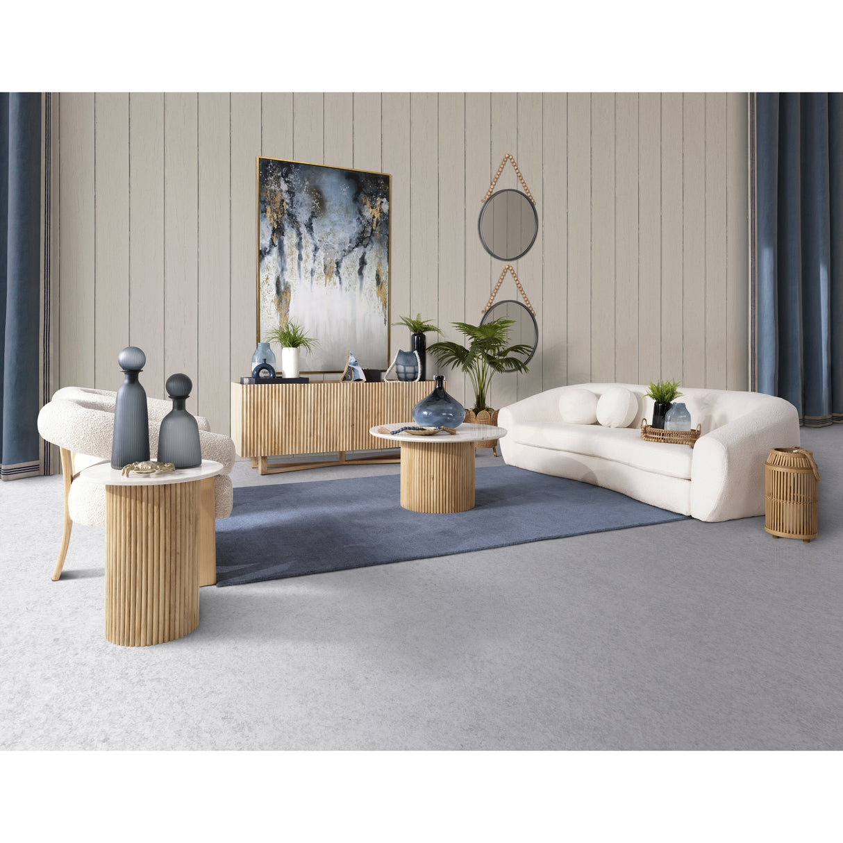 Sagebrook Home Round Wood Marble Reeded Accent Table or Coffee Table